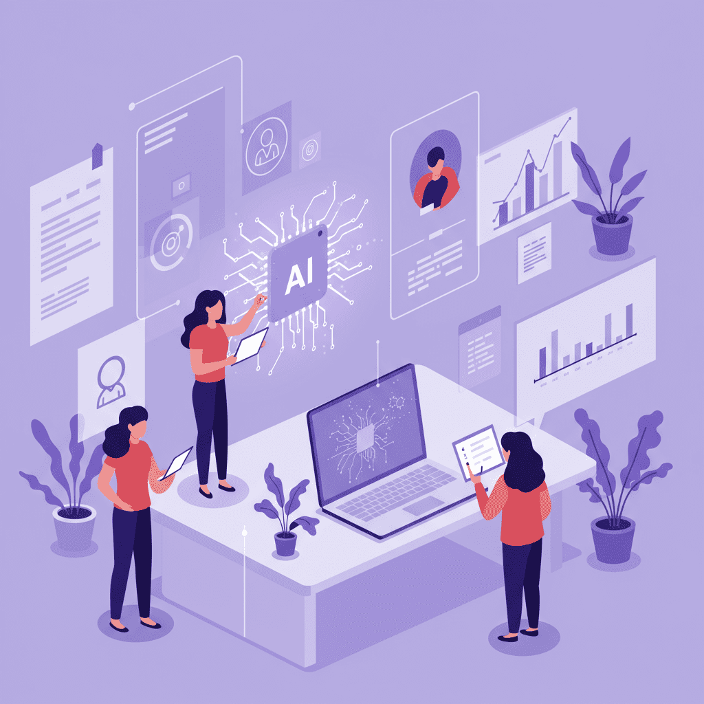 Diverse individuals engaging with abstract, glowing AI patterns and data visualizations, symbolizing learning and empowerment in a welcoming, futuristic setting.
