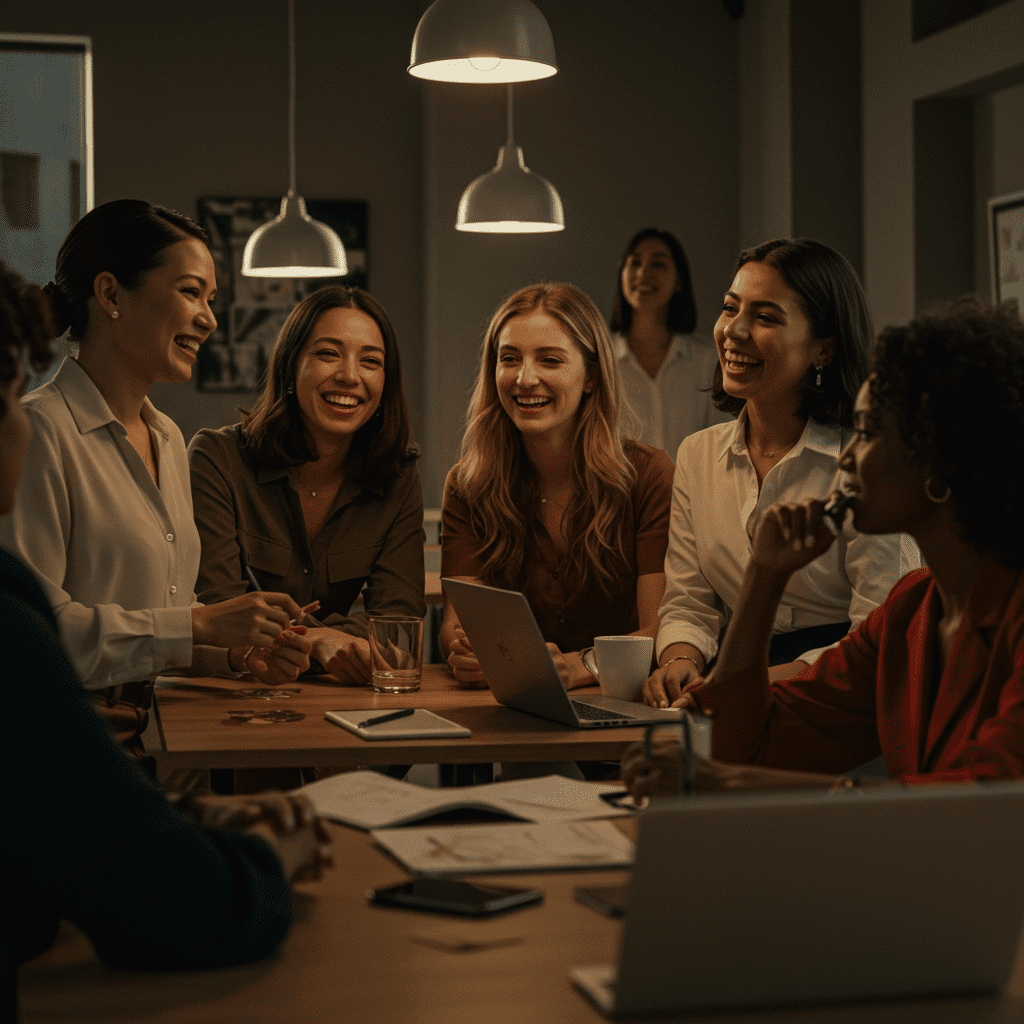 Women networking for women in business, a diverse group of professional women networking, smiling, and collaborating in a modern office, symbolizing connection and empowerment. Networking for women in business.