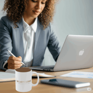 Profitable Business Ideas for Women with a confident businesswoman reviewing profitable business ideas on laptop with The Lady'z Lounge mug on desk.