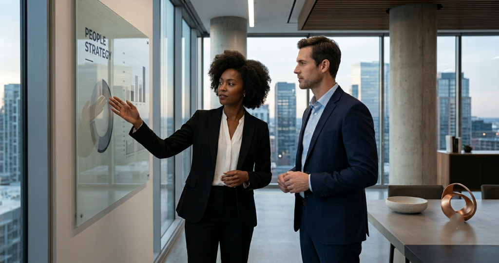 Two sophisticated business leaders in a modern city office conducting a high-level strategy session for small business HR questions and people strategy.
