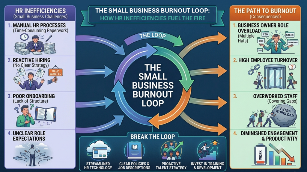 An educational infographic detailing the small business burnout loop, mapping how manual HR inefficiencies lead to business owner role overload, high employee turnover, and overworked staff.