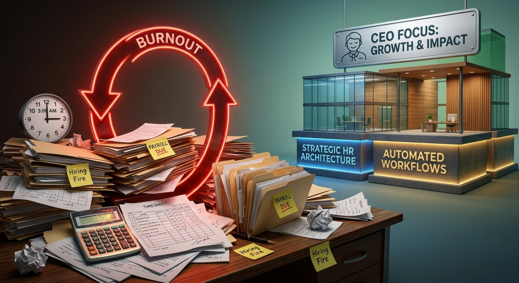 Split screen concept showing how manual administrative tasks cause small business burnout versus a scalable workplace with automated workflows and strategic HR architecture.