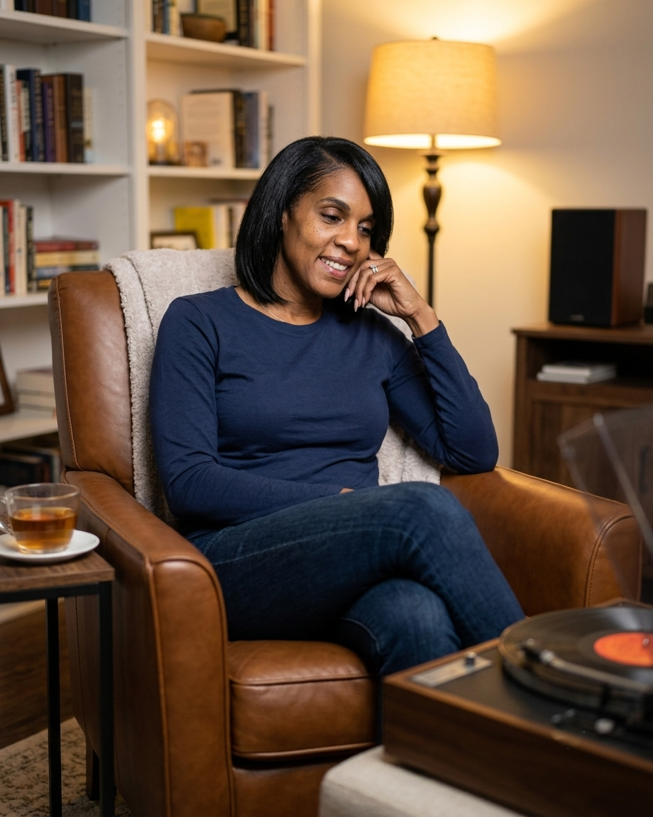 Sherry relaxing in a chair and listening to smooth jazz