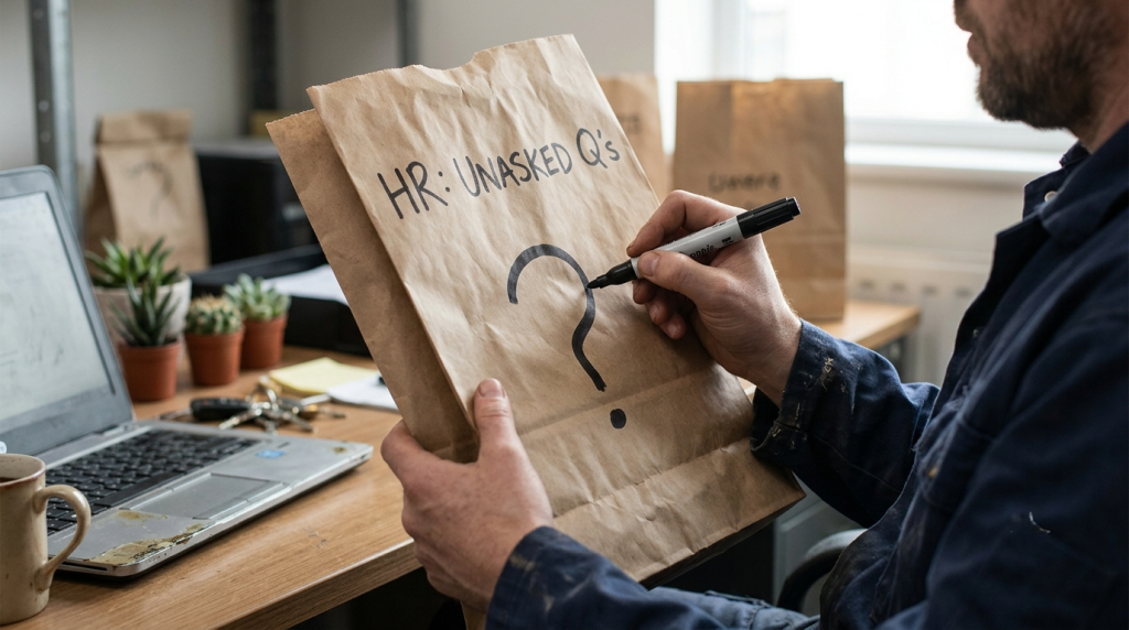 This image addresses common small business hr problems by showing a close-up of a founder drawing a question mark on a paper bag labeled HR Unasked Questions, capturing the concept of Small Business HR Problems Founders Face (And How to Fix Them) on a cluttered workspace desk.