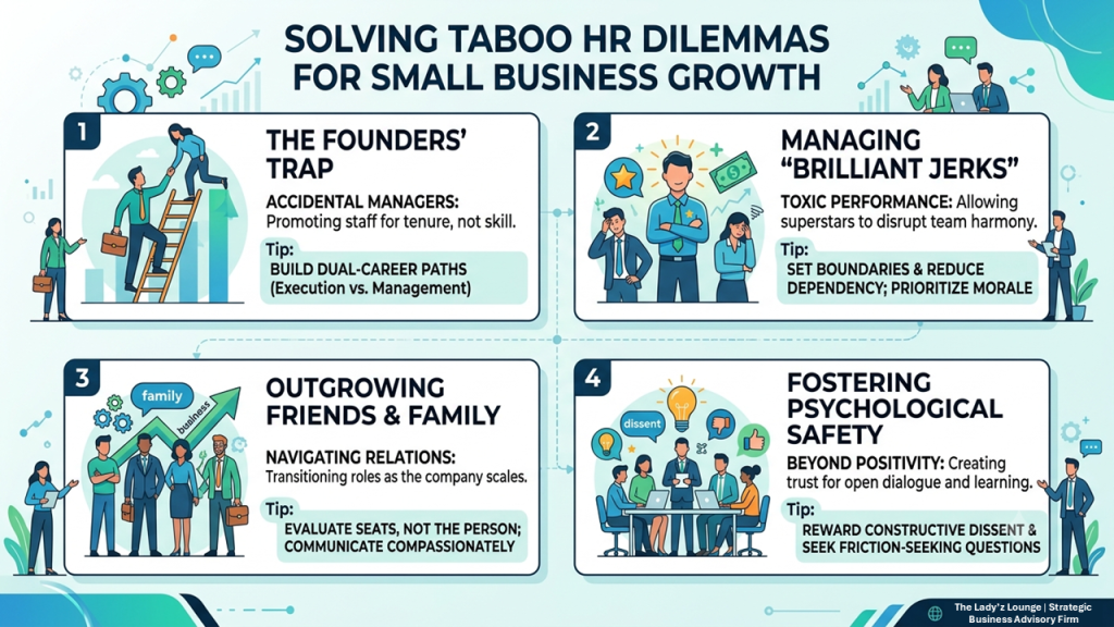 Infographic titled "Solving Taboo HR Dilemmas for Small Business Growth" for the article "Small Business HR Problems Founders Face (And How to Fix Them)". The graphic breaks down common small business HR problems into four main scenarios: the founders' trap with accidental managers, managing a toxic high-performing brilliant jerk, outgrowing friends and family as the business scales, and building psychological safety over forced positivity.